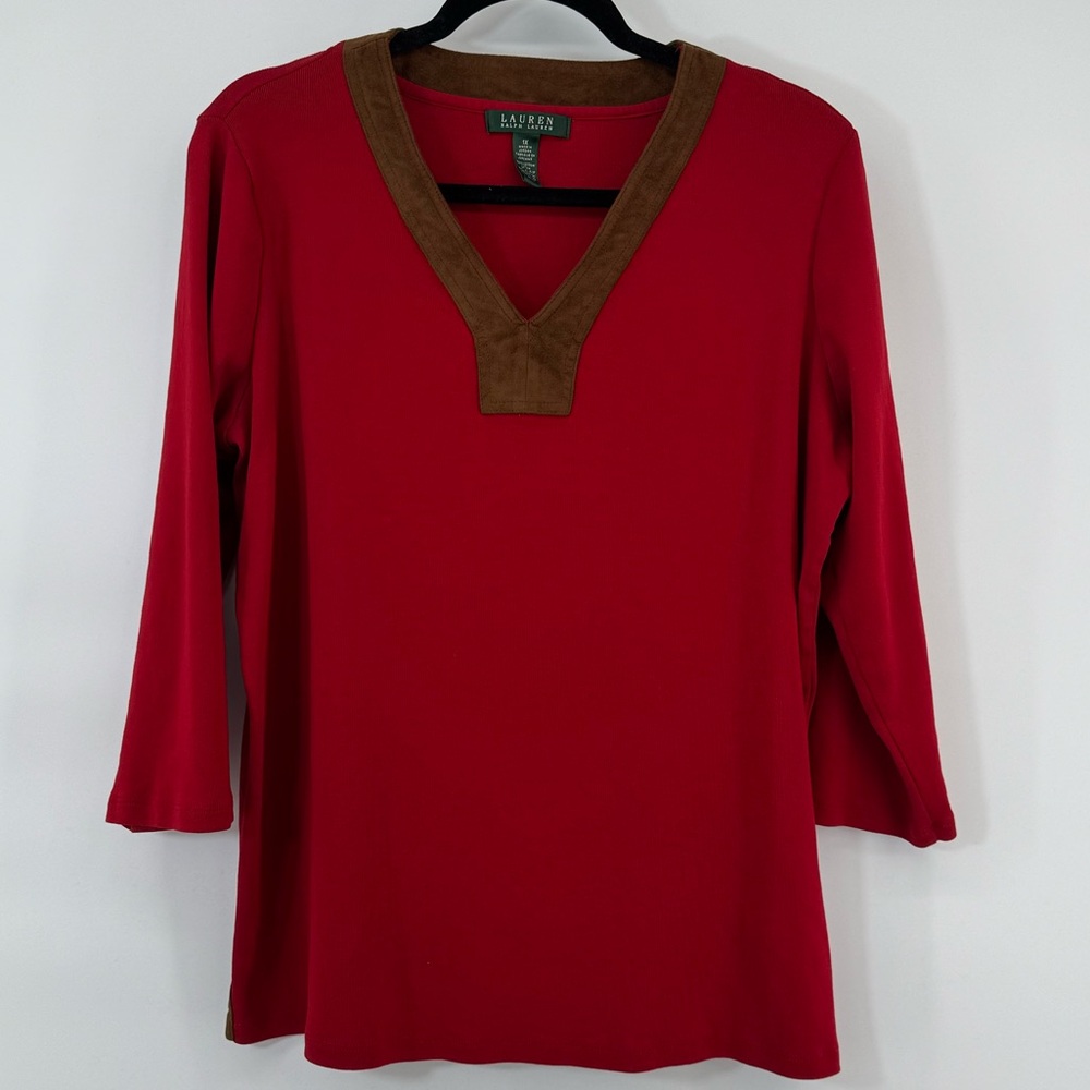 Ralph Lauren Women Faux Suede Trim Top Blouse Shirt Size 1X Red Cotton V Neck